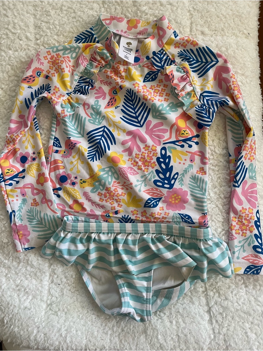 Kids Long Sleeve Floral & Stripe Rash Guard Swim Set - Pink Multi